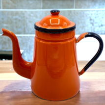 Enamelware Coffee Pot With Lid Gooseneck Spout Orange Primitive Farmhouse Decor - £33.52 GBP