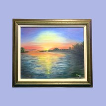 Vintage Elly Original Acrylic Coast Sunset Painting Signed Framed 22”L x... - £49.86 GBP