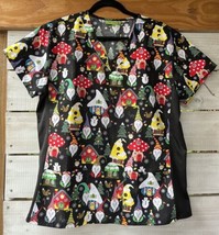 NWOT Wm. L Mushrooms Gnomes Christmas Scrub Top S/S stretch 2 Pkts by Gr... - $19.57
