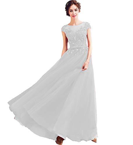Tulle Bateau Beaded Lace Appliques Long Formal Evening Prom Dresses Silver US 4