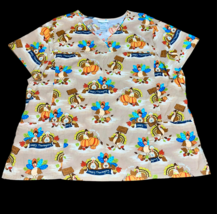 Thanksgiving Scrub Top Plus Size 2X 2XG Turkey Gobble Pilgrim Nurse Vet ... - £15.97 GBP