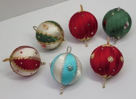 6 VTG Handmade Christmas Push Pin Beads Satin Round Ball Ornaments Lot Xmas Tree - £15.45 GBP