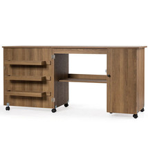 Folding Sewing Table Shelves Storage Cabinet Craft Cart with Wheels-Natural - Co - $4,959.87 MXN