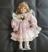 Vintage Gustave F Wolff 16&quot; Porcelain Brittany Doll Curly Blonde Flowers W Stand - £25.40 GBP