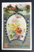 A Hearty Birthday Greeting Embossed Postcard c1910s Flowers Windmill Scenic View - $9.99