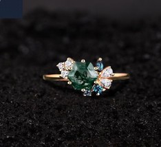 Natural Moss Agate Ring, Hexagon Cut Ring, Unique Cluster Engagement Ring - £88.12 GBP