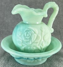 Vintage Avon Turquoise Swirl Jadeite Pitcher Bowl with Victorian Rose Design - $9.48