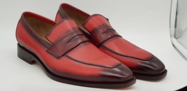 Bespoke Men&#39;s Handmade Red Black Color Genuine Leather Slip On Loafer Sh... - £159.07 GBP