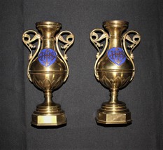 Pair of Antique French Brass Handle Blue Enamel Shields Candle Holder Urns, RARE - £355.92 GBP