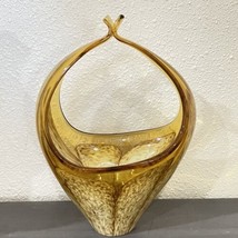 Vintage Murano art glass basket vase  amber with gold specks and cream s... - £35.55 GBP