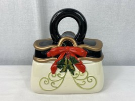 Davids Cookies Christmas Themed Purse Cookie Jar - Bow &amp; Holly Red Gold &amp; Black - £15.79 GBP