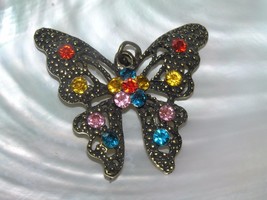 Estate HUGE Antique Goldtone BUTTERFLY w Red Yellow Pink Blue Rhinestones Pend - £7.46 GBP