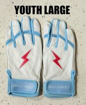 BRAND NEW YOUTH BRUCE BOLT WHITE &amp; BABY BLUE PREMIUM BATTING GLOVES YOUT... - $58.79