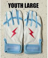BRAND NEW YOUTH BRUCE BOLT WHITE &amp; BABY BLUE PREMIUM BATTING GLOVES YOUT... - $58.79
