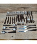Lot Of Vintage Stainless Brown Handled Knife Forks Spoons W Brown Plasti... - £19.74 GBP