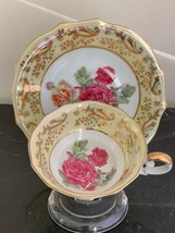 Vintage Royal Sealy Yellow Pearl and Roses Decor Tea Cup and Saucer - £38.32 GBP