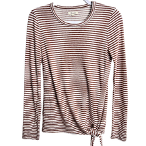 Madewell Tie Bottom Top Brown Size S Long Sleeve Stripes Linen Cotton Round Neck - £11.68 GBP