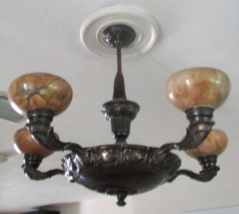 Art Deco 5-arm Chandelier Blood Moon Alabaster and Bronze 30&quot; Diameter  - $2,375.01