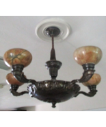 Art Deco 5-arm Chandelier Blood Moon Alabaster and Bronze 30&quot; Diameter  - $2,375.01