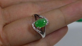 Cert'd Fine Natural Type A Emerald Jadeite Jade Oval Cabochon S925 Ring - $69.25