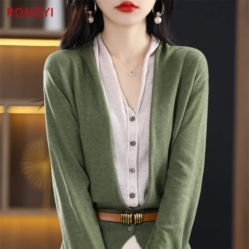 RONGYI Fake Two-Piece Cashmere Cardigan Women&#39;s Early Autumn New V-Neck Loose Th - £201.88 GBP