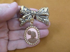 CA10-140 RARE African American LADY pink brown CAMEO brass bow drop Pin Pendant - £26.86 GBP