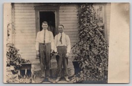 RPPC Two Handsome Men in Suspenders Pose for Photo Postcard H26 - £7.00 GBP