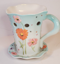 Yankee Candle Tea Coffee Cup Mug Saucer Tea Light Tart Warmer 6.5in Blue Floral - $23.71