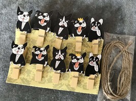 120pcs Black Dog Cute Wood Paper Clips with Hemp Rope,Pin Clothespin,Gift Favors - £14.16 GBP