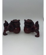 Chinese Foo Lion Dogs Red Resin Statues Set Of 2 5.5” x 4.5” Carved - $62.37