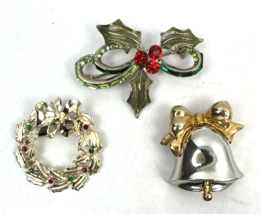 Vintage Christmas Brooch Lot 3 Rhinestone Wreath Bell Holly Berry - $39.00
