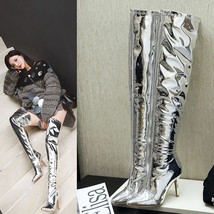 Women High Heels Winter Over Knee Boots Shoes Woman Sexy Zip Glitter Silver Heel - £116.58 GBP