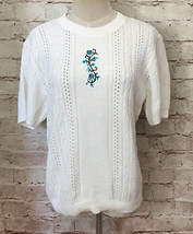 Vintage Bobbie Brooks Short Sleeve Pointelle Knit Granny Sweater Ivory Small USA - £25.17 GBP
