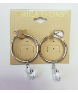 Erica Lyons Silver Tone Hoop Earrings 1 Inch With Clear Facet Drop Bead New - $14.99