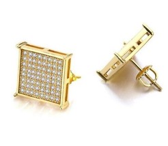Mens 14K Gold Plated Iced Micro Pave CZ 9x9 Square Kite Screw Back Earrings 22mm - £8.64 GBP