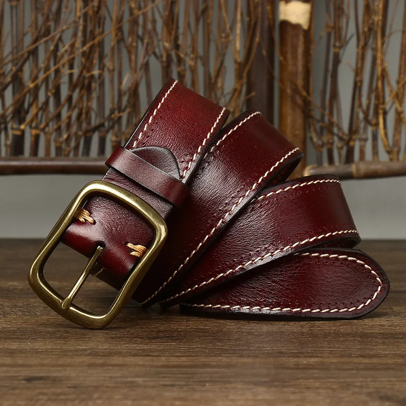 3.8CM Full Grain Cowhide Genuine Leather Belt Mens Cowskin Belts  Copper-100CM - £44.03 GBP