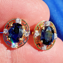 Earth mined Sapphire Diamond Deco Retro Earrings Button Studs 14k Solid ... - $3,035.25