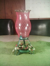Vtg Christmas Centerpiece Metal Candle Holder, Glass Chimney, Holly Type Wreath  - £7.86 GBP