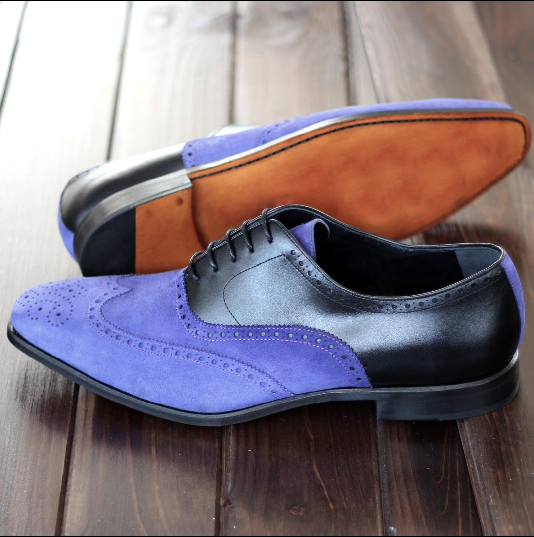 Men Two Tone Purple Suede Brogue Toe Wing Tip Black Oxford Leather Shoes US 7-16