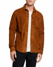 Men brown tan suede leather shirt designer suede cowboy leather jacket s... - £125.15 GBP+