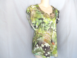 Dressbarn top blouse Small green floral butterfly cap sleeves embellished - $12.69
