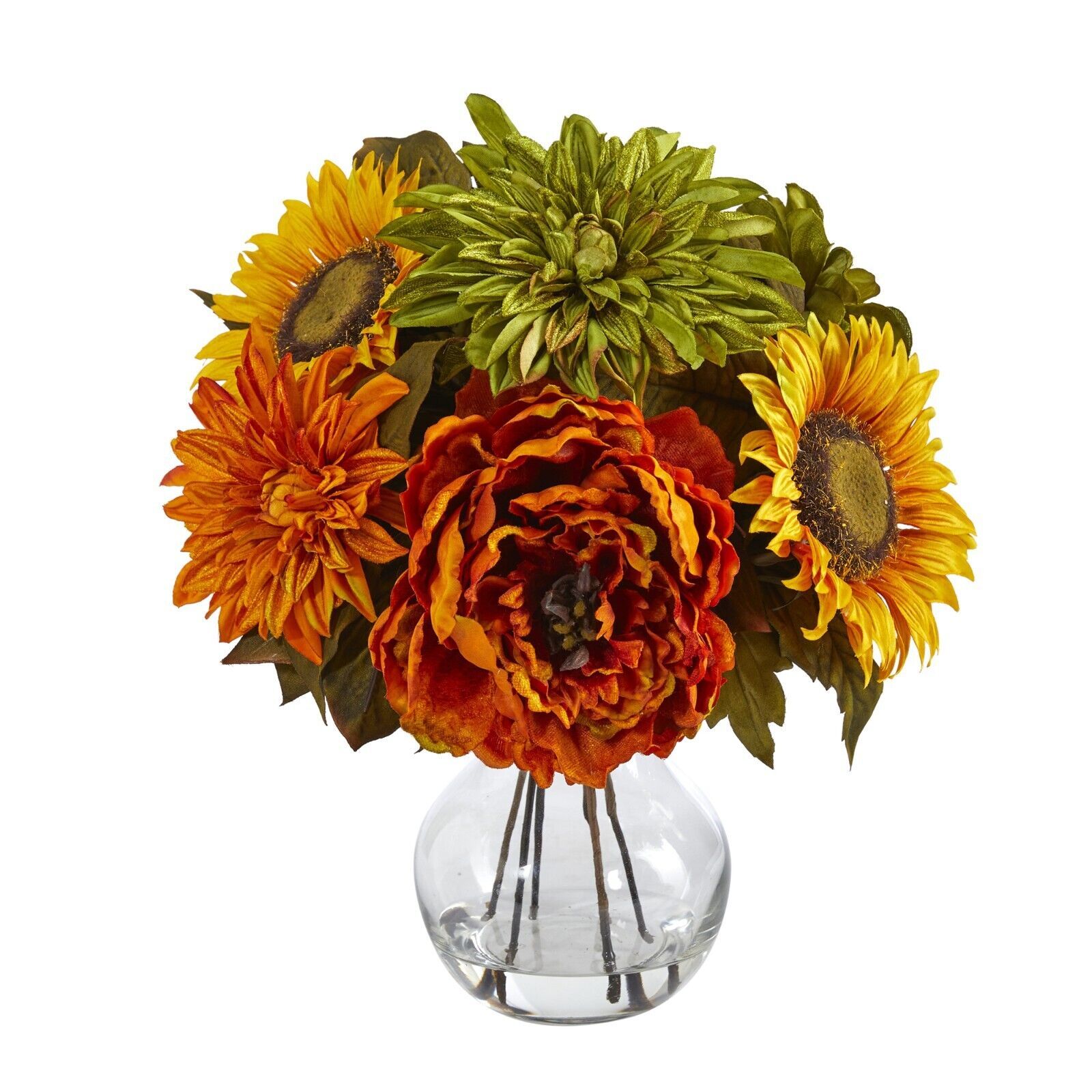12” Peony, Dahlia And Sunflower Artificial Arrangement In Glass Vase - $76.12