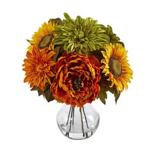 12” Peony, Dahlia And Sunflower Artificial Arrangement In Glass Vase - £60.84 GBP
