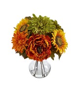 12” Peony, Dahlia And Sunflower Artificial Arrangement In Glass Vase - £60.14 GBP