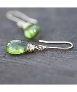 Natural Peridot Wire Wrapped Briolette Earrings Solid 14K Yellow Gold August 16t - £140.69 GBP