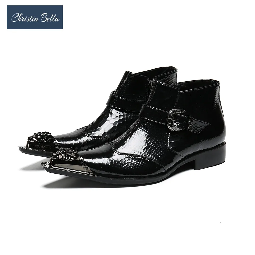 Christia Bella Winter Pointed Toe Buckle Formal Dress Boots Men Business Real Le - £224.29 GBP