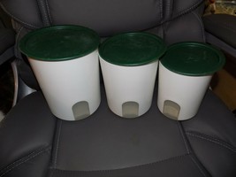 Tupperware White Canisters Set of 3 Green Seal Lids A, B &amp; C - £43.12 GBP