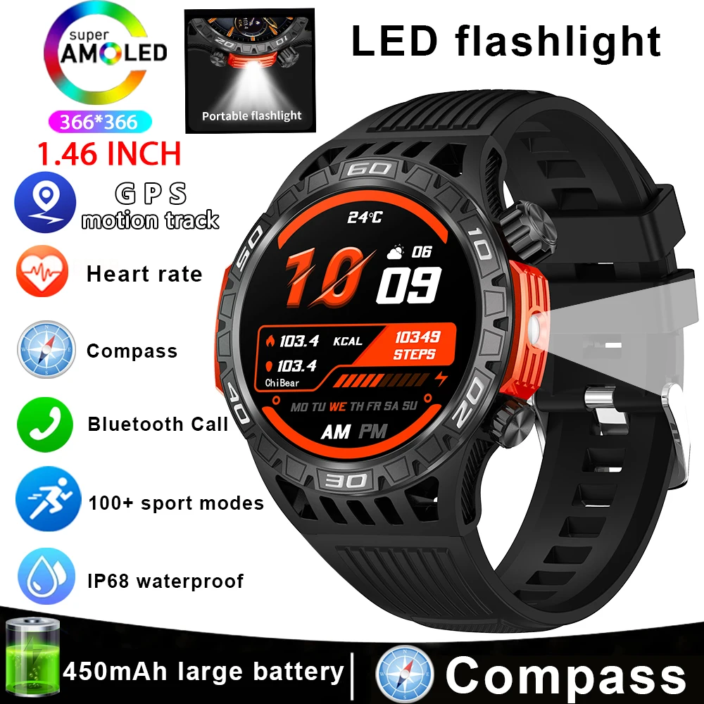 Compass LED Flashlight Men Smart Watch 450mah large battery 100+ Sport G... - $51.26