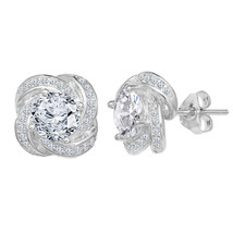 14K White Gold Plated Silver Round CZ Love Knot Stud Earrings Summer Sale Gift - £36.67 GBP