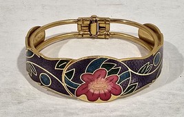 Vintage Cloisonne Floral Flower Design Enamel &amp; Goldtone Metal Cuff Bracelet - $28.71